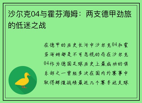 沙爾克04與霍芬海姆：兩支德甲勁旅的低迷之戰(zhàn)